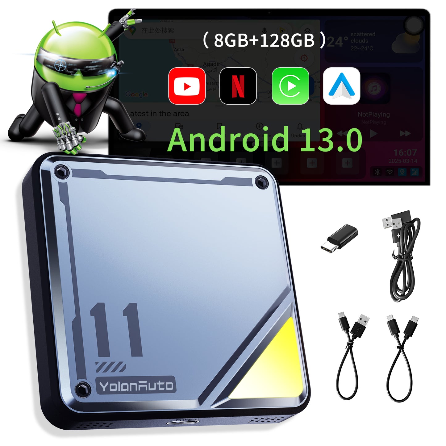 YolanAuto AI Box for Wired CarPlay (Universal Android Car Multimedia Box)