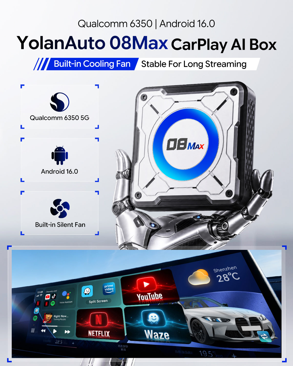 YolanAuto 08 MAX BMW Carplay AI BOX, 8+128GB Android 16 6350 5G version