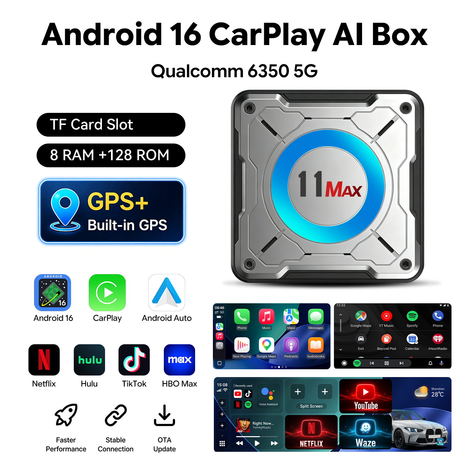 YolanAuto 11 MAX CarPlay AI Box Android 16.0 HDMI, 8GB+128GB, 5G Version