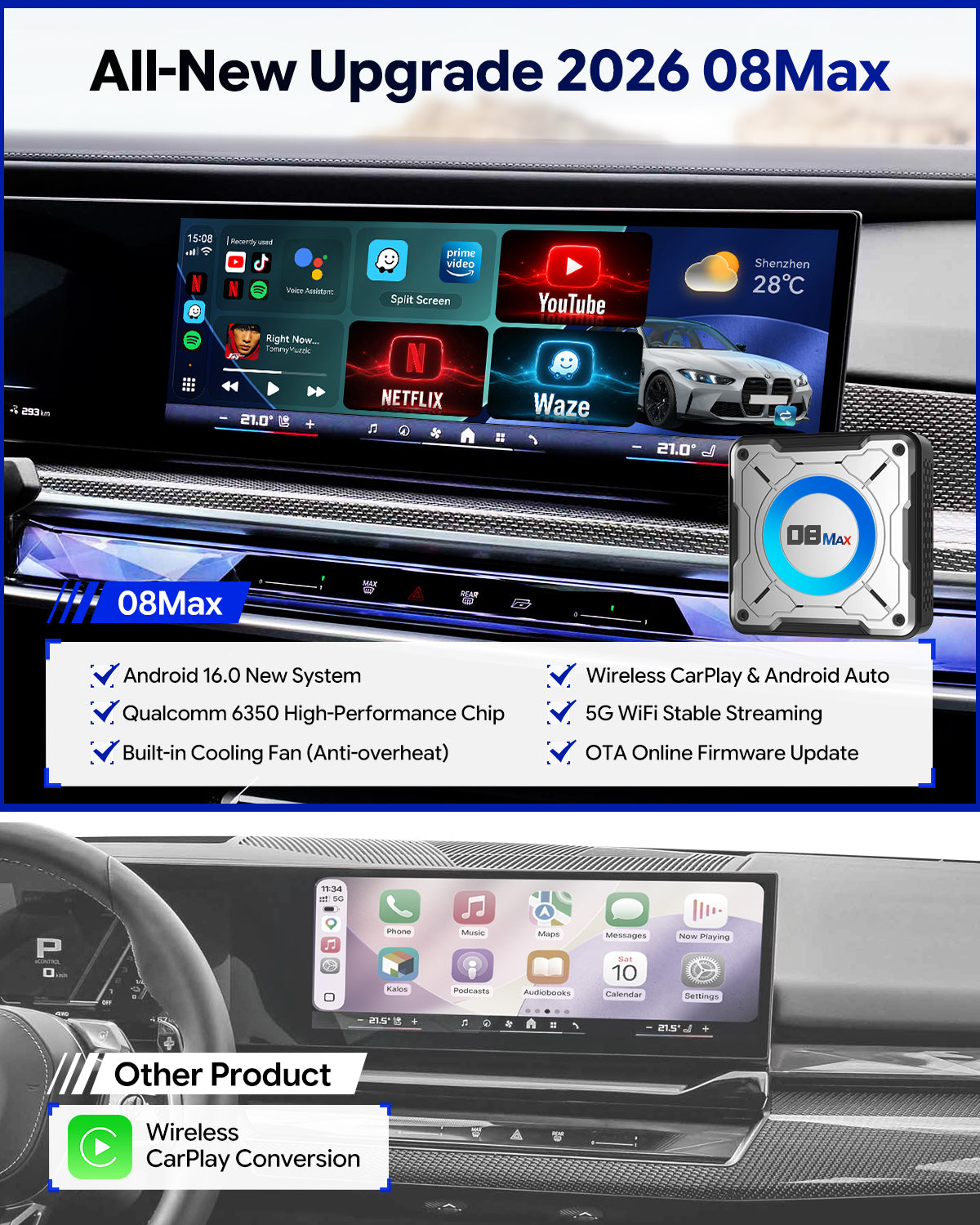 YolanAuto 08 MAX BMW Carplay AI BOX, 8+128GB Android 16 6350 5G version
